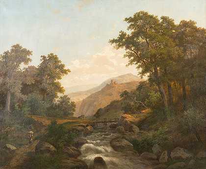 城堡和野溪的浪漫景观`Romantic landscape with castle and wild stream by Heinrich Eduard Heyn