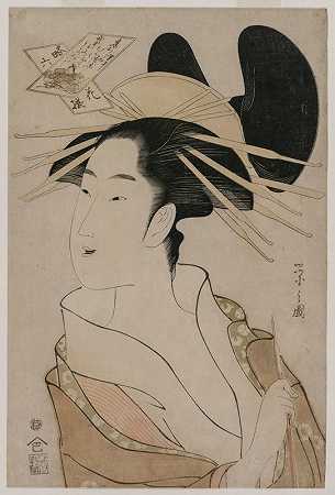 一个拿着烟斗的妓女的肖像（摘自《穿着现代服装的六位不朽诗人》系列）`Portrait of a Courtesan Holding a Pipe (from the series The Six Immortal Poets in Modern Dress) (mid 1790s) by Chōbunsai Eishi
