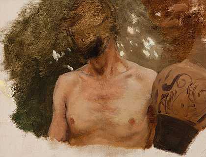 对一个拿着花瓶的裸体青年半身像的研究`Study of the Bust of a Naked Youth with a Vase (1880) by Henryk Siemiradzki