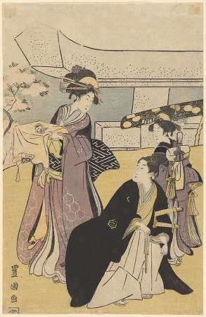 穿着薰衣草和服的女人，穿着黑色衣服的男人，扇子和剑`Women in Lavender Kimonos, Man in Black, Fan and Swords (late 18th century – early 19th century) by Toyokuni Utagawa