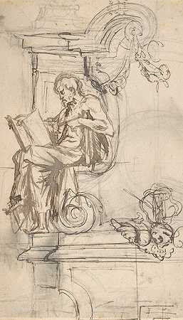 带有先知或哲学家坐像的坟墓纪念碑的设计`Design for a sepulchral monument with a seated prophet or philosopher (late 17th–early 18th century) by Pieter Verbruggen the Younger