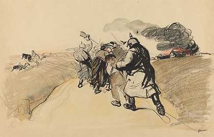 德国突袭一个村庄`German Raid on a Village (c. 1914~1919) by Jean-Louis Forain