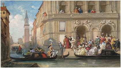 伪装者在威尼斯宫殿前登上平底船`Masqueraders Boarding Gondolas before a Venetian Palazzo (1869) by Eugène Lami