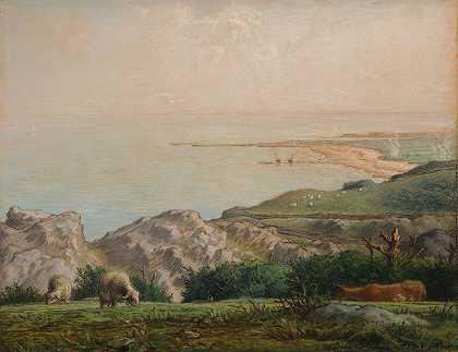 从兰德默悬崖顶看大海`La Mer vue du haut de la falaise de Landemer (1870) by Jean-François Millet