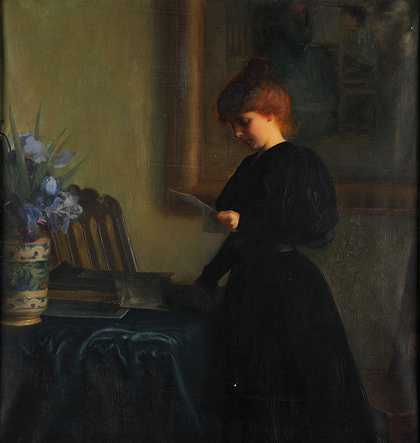 小女孩在读一封信`Jeune fille lisant une lettre (1859 ~ 1900) by Paul THOMAS