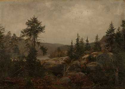 黄昏时分。格登·福斯，曼达尔·赛尔夫。`Duskregn . Gården Foss, Mandalselven (1862) by Amaldus Nielsen