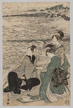 海边的男人和两个女人`Man and Two Women at the Sea Shore (1769~1825) by Toyokuni Utagawa