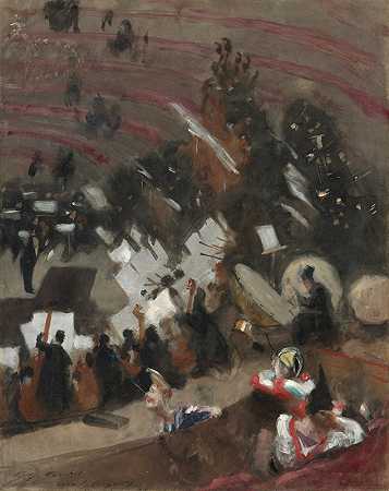 帕斯德罗普管弦乐团在海弗马戏团的排练`Rehearsal of the Pasdeloup Orchestra at the Cirque d’Hiver (c. 1879) by John Singer Sargent