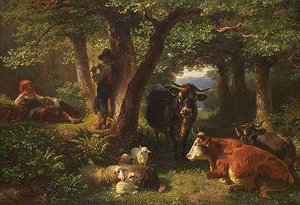 带着牛羊在森林里照看孩子`Hirtenkinder im Wald mit Kühen und Schafen (Ca. 1850) by Friedrich Voltz