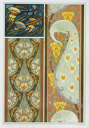 水母和海藻，彩色玻璃。蝉和百合，孔雀和囊虫，边缘。`Méduses et algues, vitrail. Cigales et lis, paons et cytise, bordures. (1897) by Maurice Pillard Verneuil