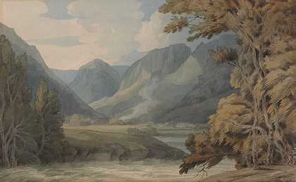 在鹰岩和罗斯瓦特的布罗德代尔看风景`View in Borrowdale of Eagle Crag and Rosthwaite by Francis Towne