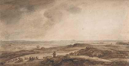 牧民和羊群的全景`A Panoramic Landscape with a Herdsman and His Flock (17th century) by Jan Ruischer