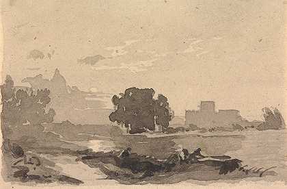 以城堡为背景的景观`Landscape with Castle in Background by Thomas Sully