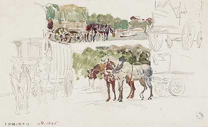 有花键的汽车和手推车`Voitures et charrettes attelées (1895 ~ 1905) by Frédéric Houbron