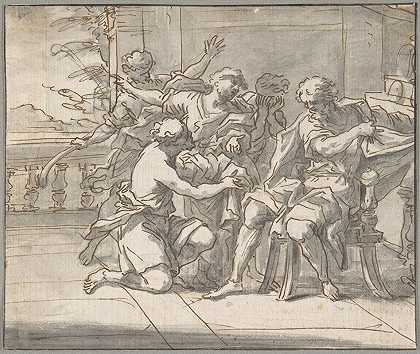 雅各布给约瑟夫一件五颜六色的外套`Jacob Gives Joseph a Coat of Many Colors (17th–early 18th century) by Daniel Seiter