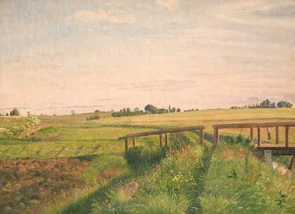 有桥的陆地景观`Marklandskab med en bro (1858) by Vilhelm Kyhn