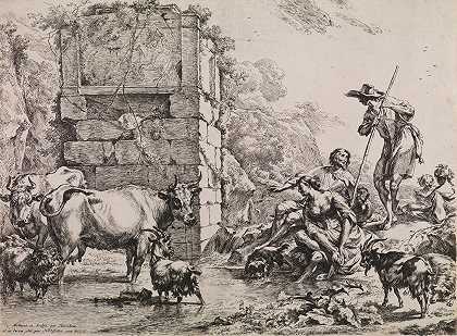 喝牛奶`Cow Drinking (1680) by Nicolaes Pietersz. Berchem