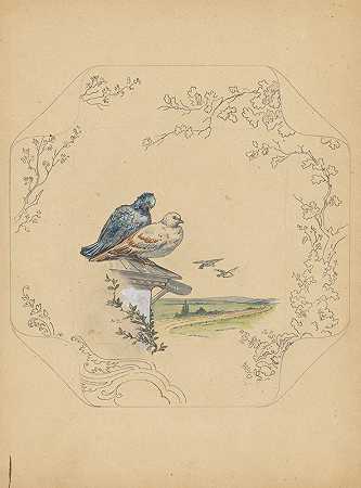 带鸽子的“广场”模特板的设计`Ontwerp voor bord van het model ‘Square’ met duiven (c. 1875 ~ c. 1880) by Albert Louis Dammouse