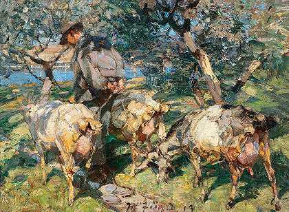 牧羊人带着山羊去河边`Shepherd with Goats on the Way to the Water (1913) by Heinrich Von Zügel
