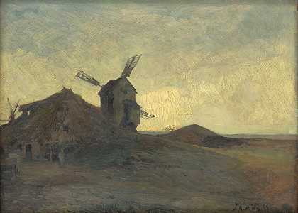 风车景观`Landscape With A Windmill (1900) by Alois Kalvoda