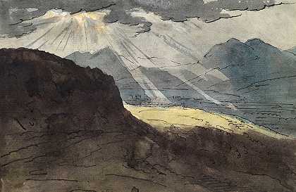阳光明媚的山景`Gebirgslandschaft mit grellem Sonnenlicht (1805–1807) by Jakob Christoph Miville