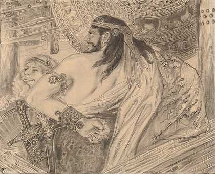 ;阿伽门农站在阿喀琉斯和梅内劳斯面前（两个阿特雷德）。图至《伊利亚特》039荷马。`Agamemnon powstaje na Achillesa i Menelaos (Dwaj Atrydzi). Ilustracja do Iliady Homera (1897) by Stanisław Wyspiański