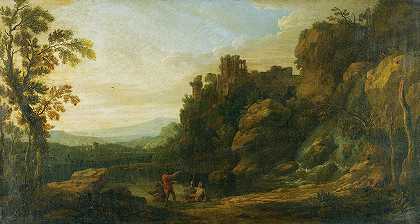 湖边有三个渔夫的岩石景观，远处露头上有一座破败的城堡`A Rocky Landscape With Three Fisherman By A Lake, A Ruined Castle On An Outcrop Beyond by Richard Carver