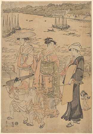 三个女人和两个孩子`Three Women and Two Children by the Water (ships in background) (late 18th century – early 19th century) by the Water (ships in background) by Toyokuni Utagawa