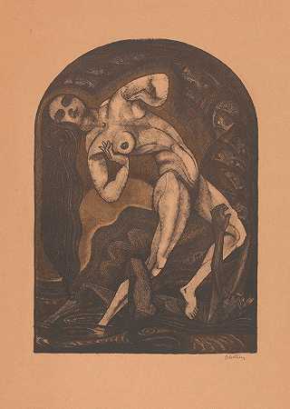 裸体女人站在说谎的男人身上`Naakte vrouw staand op liggende man (1903) by Henk Schilling