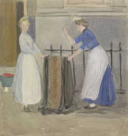两个女佣在镇上的一所房子前敲打垫子`Twee dienstmeisjes, die een mat uitkloppen voor een stadshuis (1874 ~ 1927) by Johan Antonie de Jonge