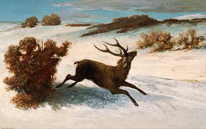 雪中奔跑的鹿`Deer Running in the Snow (c.1856) by Gustave Courbet