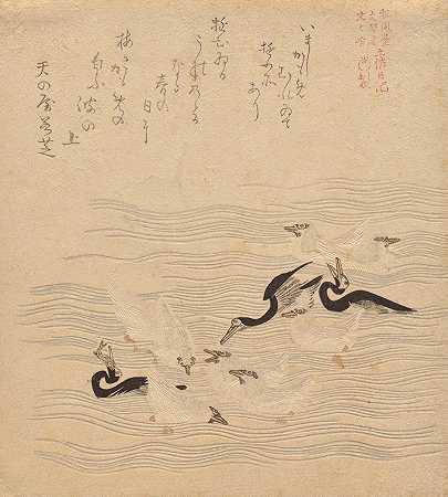 鸬鹚和海鸥聚集在一起玩耍的地方`Where the Cormorants and Sea Gulls Gathered and Played, from the series Tosa Nikki (late 1810’s) by Kubo Shunman