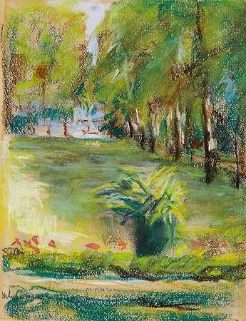 艺术家从露台向东眺望s花园，可以看到桦树大道和旺西`The Artists Garden Seen to the East from the Terrace with a View of the Birch Avenue and the Wannsee by Max Liebermann