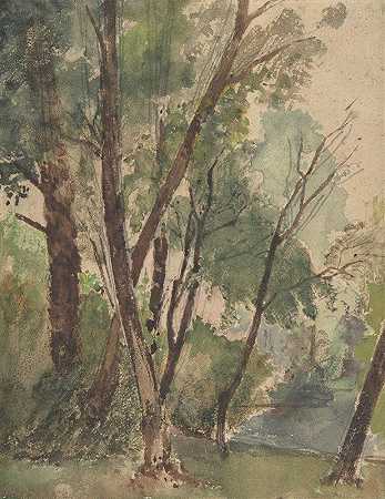 池塘边的树`Trees Beside a Pond (1853–1878) by Louis-Antoine-Léon Riesener