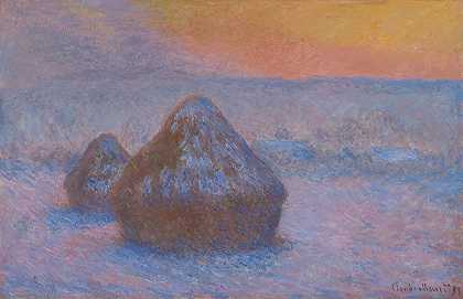 小麦堆（日落、降雪效果）`Stacks of Wheat (Sunset, Snow Effect) (1890~91) by Claude Monet
