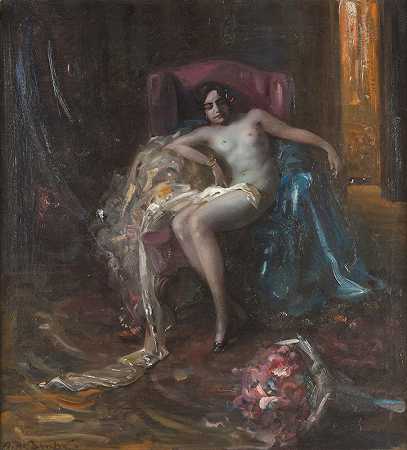 坐在扶手椅上的裸体女性`Female nude in armchair by Arnulf De Boucher