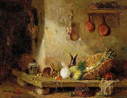 储藏室里的兔子`Rabbits in the Larder by Eugene Cottin