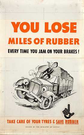 你每次踩刹车都会损失数英里的橡胶！照顾好你的轮胎&amp节约橡胶`You lose miles of rubber every time you jam on your brakes! Take care of your tyres & save rubber (between 1939 and 1946)