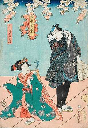 这是剧中的一个场景：花花公子`A Scene from the Play Hana no hoka ni waka no kyokuzuki (1846) by Utagawa Kunisada (Toyokuni III)
