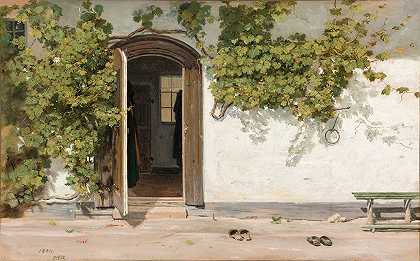 希尔斯泰德Praested花园的一家客栈入口`Entrance to an Inn in the Praestegarden at Hillested (1844) by Martinus Rørbye