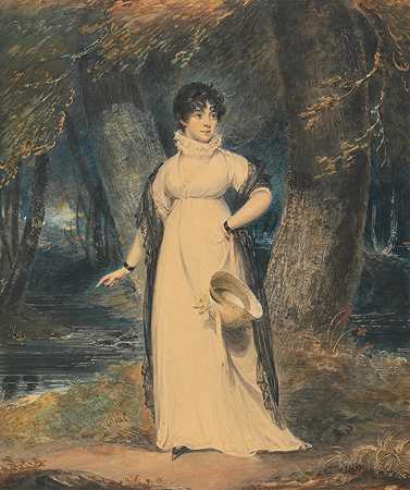 一幅风景画，画中有一位手持帽子的全身女士的肖像`A Landscape with a Portrait of a Lady, Full Length, Holding a Hat by Richard Westall