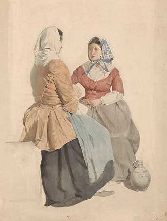 两个坐着的女人拿着一个罐子`Twee zittende vrouwen met een kruik (1819 ~ 1849) by Willem Hendrik Schmidt