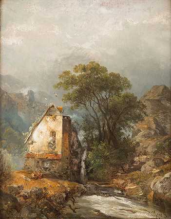 磨坊`Mill by a stream (1874) by a stream by Carl Hilgers