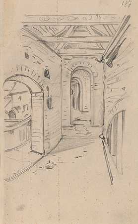 克拉科夫巴比肯屋内草图`Sketch of the interior of the Barbican of Cracow (1888) by Stanisław Wyspiański