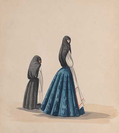从侧面观看两名穿着萨娅的女子`Two woman wearing the saya viewed in profile (ca. 1848) by Francisco Fierro