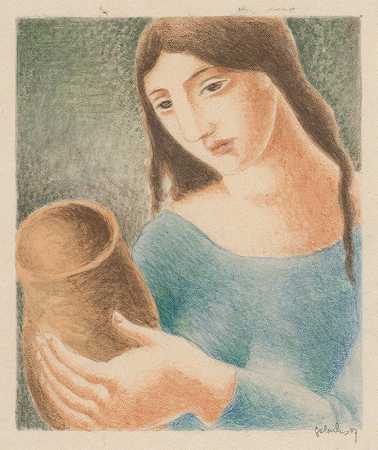 拿着花瓶的女人`Woman With A Vase (1927) by Mikuláš Galanda