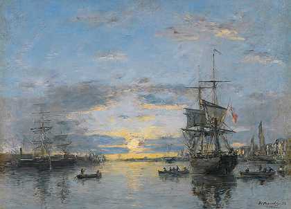 勒阿弗尔。L日落前的港口`Le Havre. Lavant~Port Au Soleil Couchant (1882) by Eugène Boudin