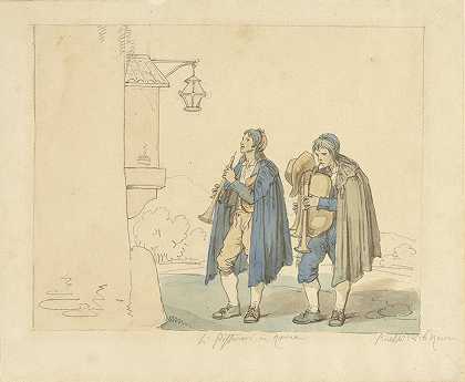 惠斯勒和风笛手的房子`Fluitspeler en doedelzakspeler voor een huis (1816) by Bartolomeo Pinelli