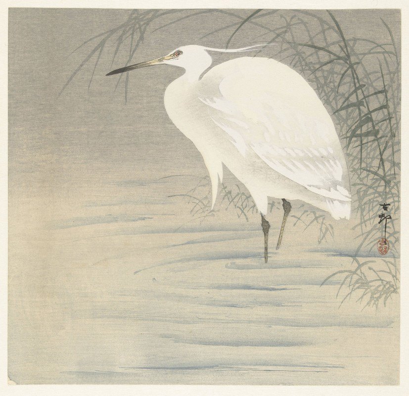 他有点出去。`Little egret. (1900 ~ 1930) by Ohara Koson