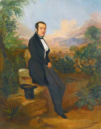 秘鲁塔克纳风景区前乔治·赫尔曼的肖像`Portrait Of George Hellmann Before A Vista In Tacna, Peru (1844) by Johann Moritz Rugendas